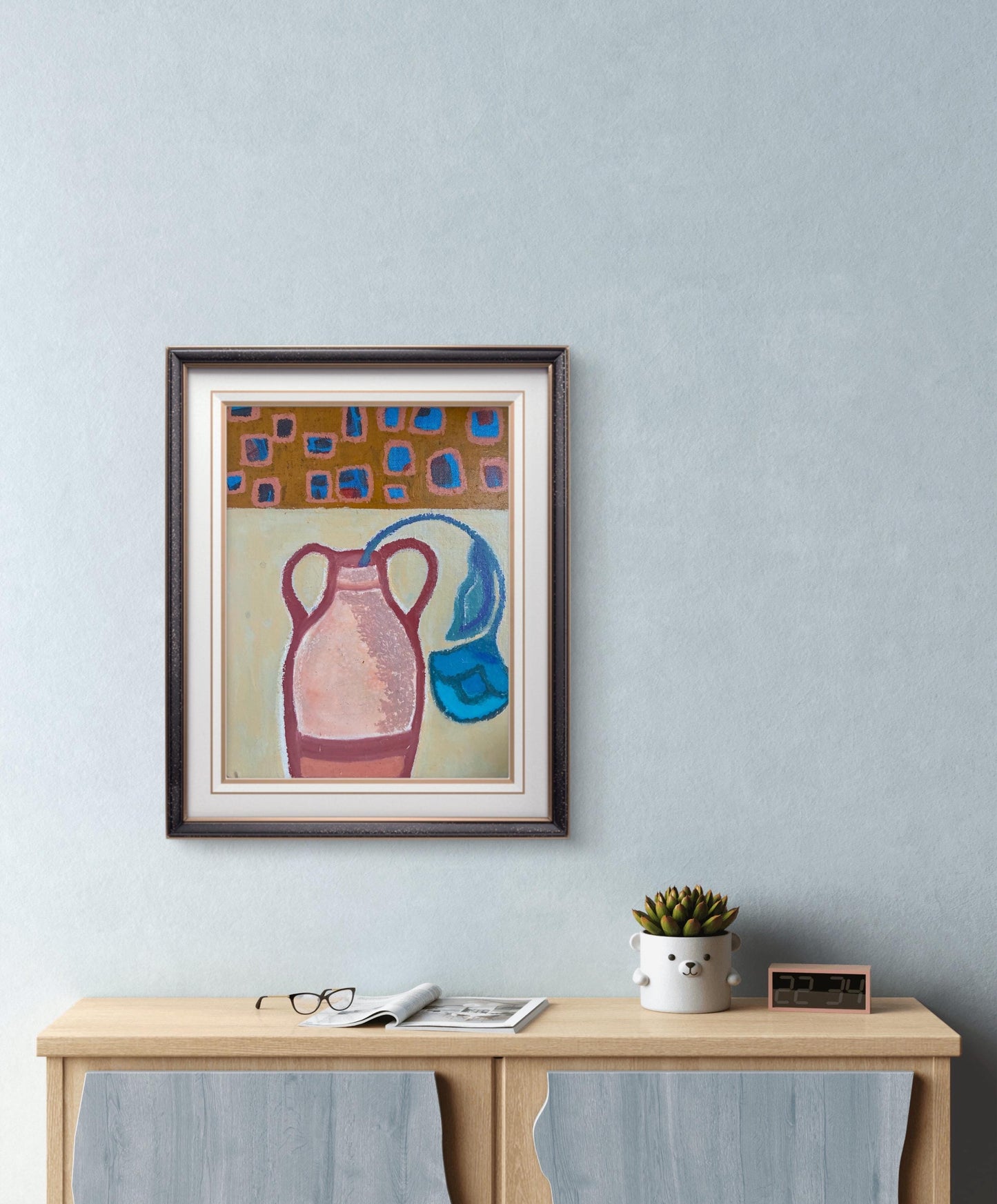 Original Mixed Media Painting, Folk Art Flower & Vase