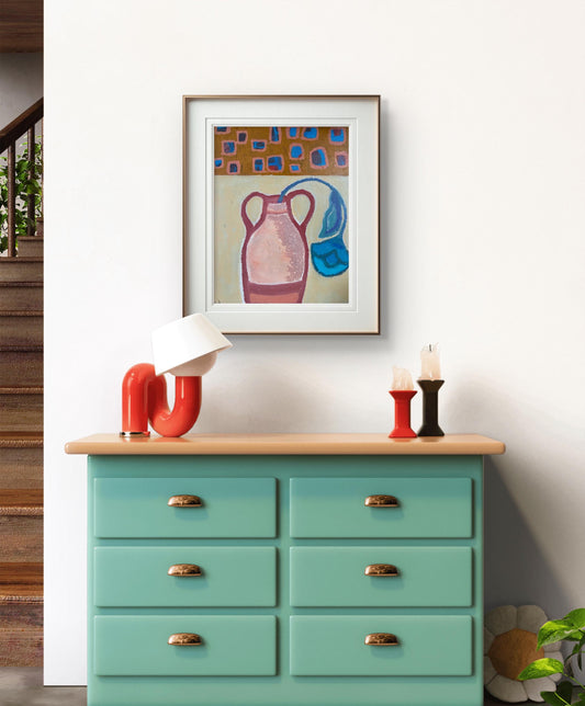 Original Mixed Media Painting, Folk Art Flower & Vase