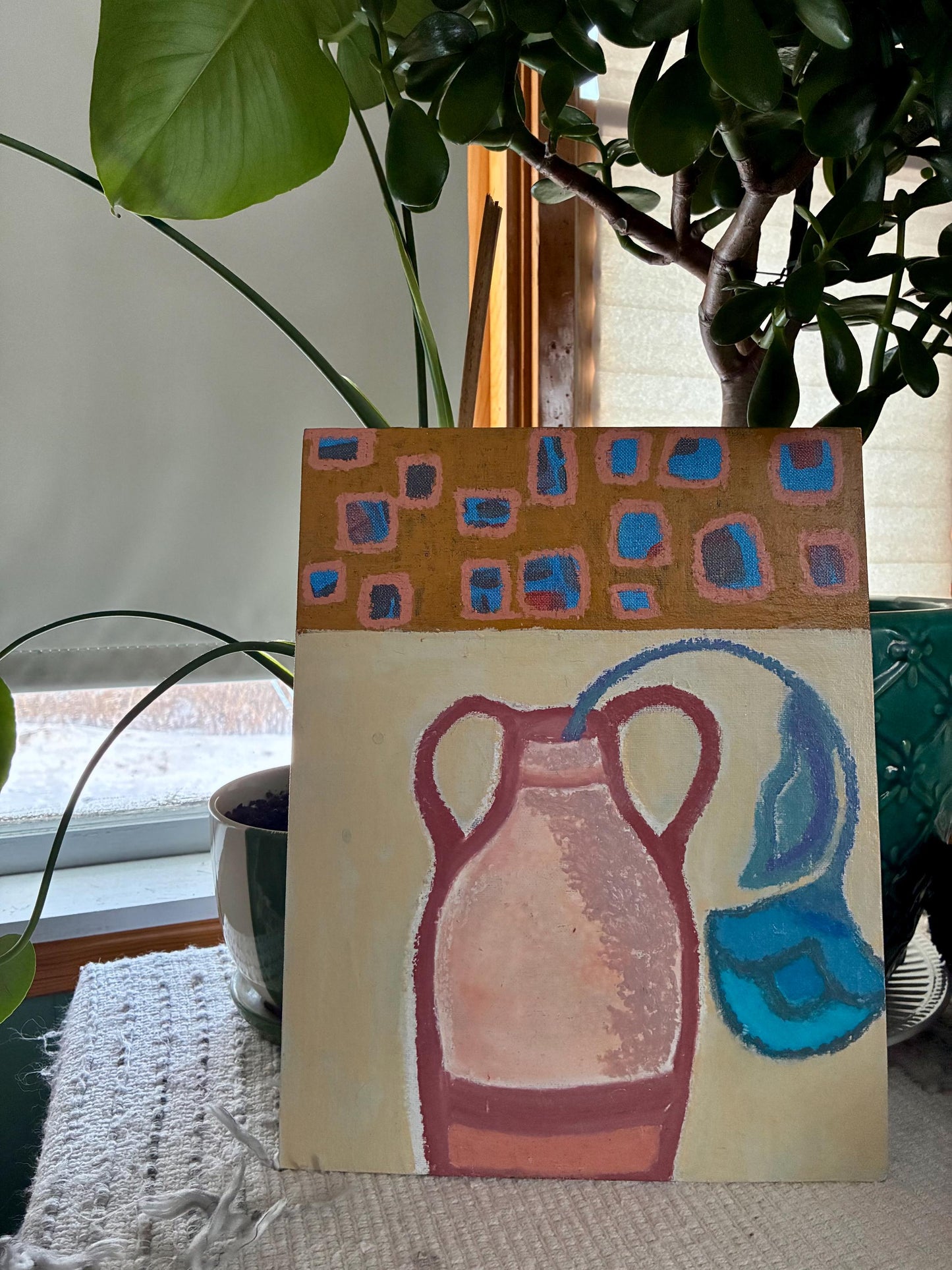 Original Mixed Media Painting, Folk Art Flower & Vase